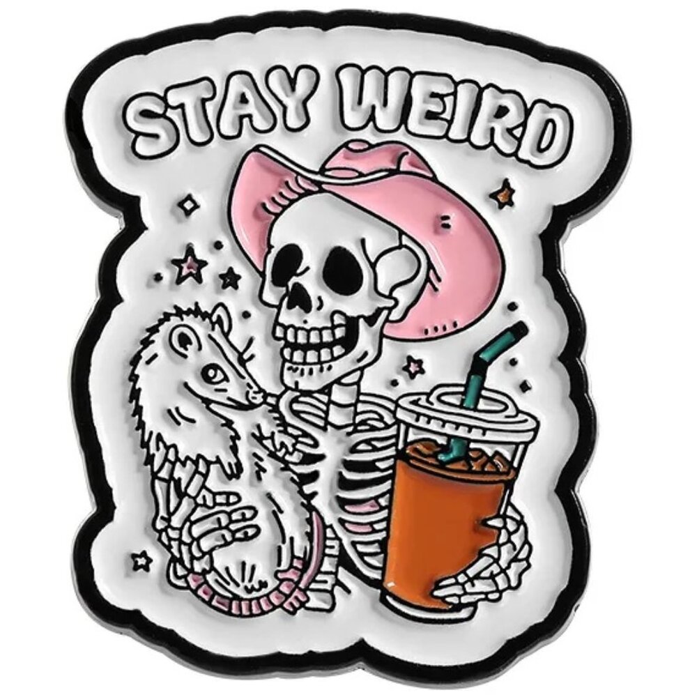 💀 Stay Weird Skeleton Enamel Pin – Cute Spooky Humor Lapel Pin